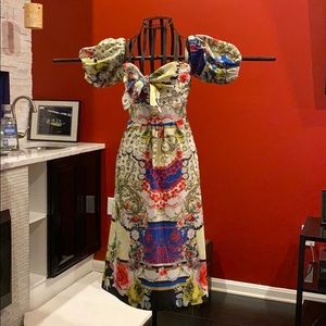 European inspired, off the shoulder midi dress.